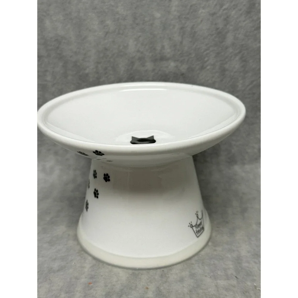 Necoichi Raised Cat‎ Food Bowl White Ceramic Paw Print Happy Dining Kitten